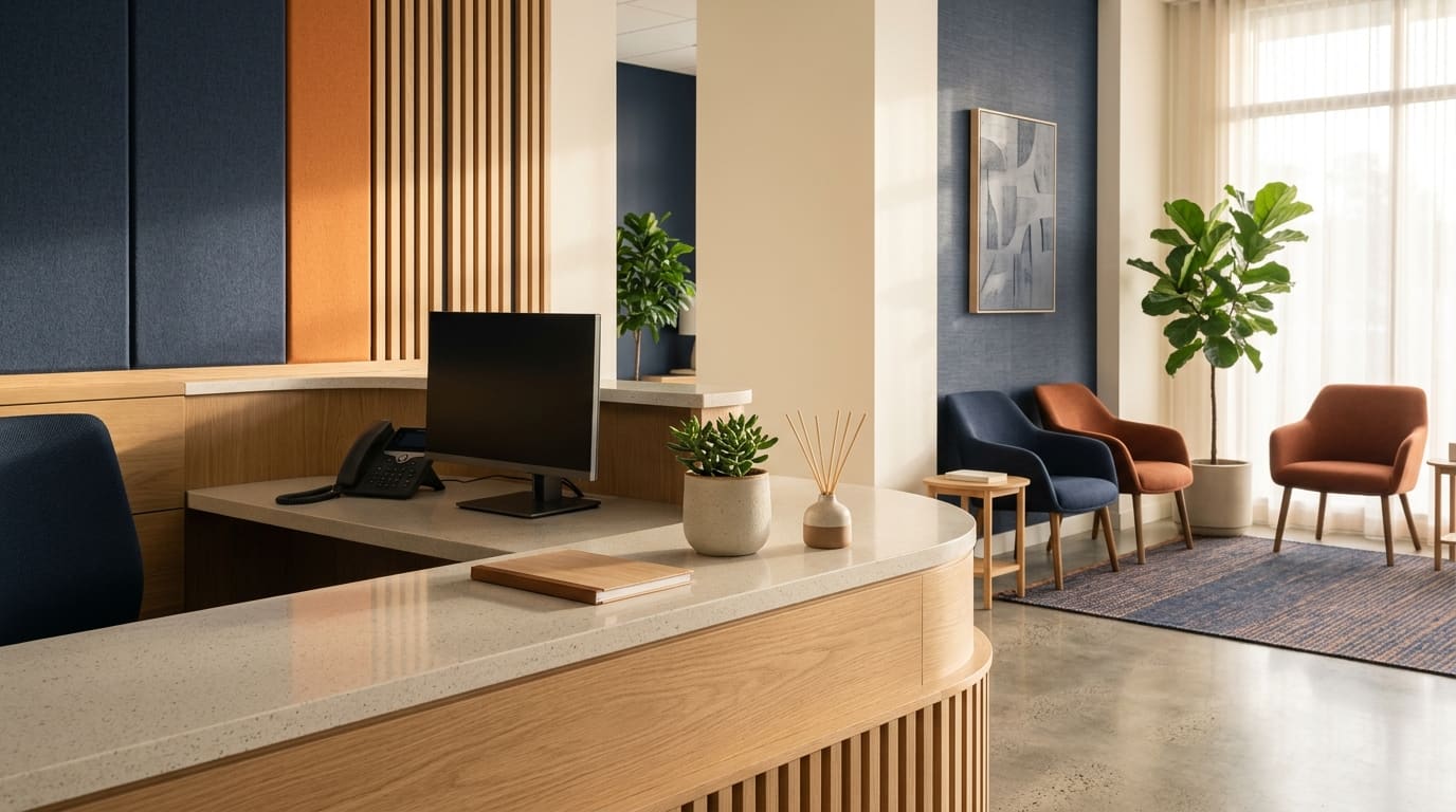 A medical practice reception desk in warm morning light, with a phone and computer ready for the day