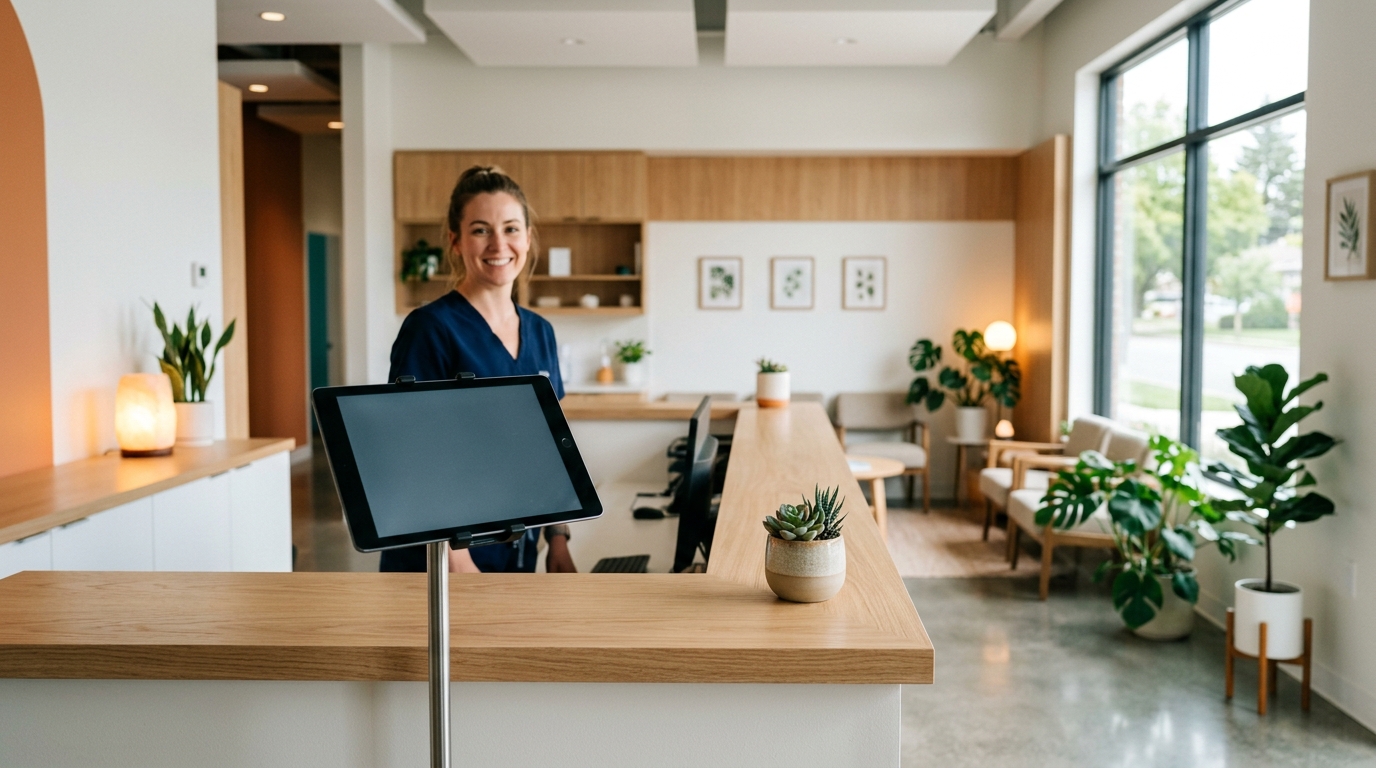A modern medical clinic reception with a self-service check-in tablet, warm and welcoming