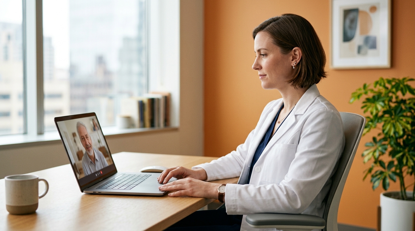 A physician in a bright office speaking with a patient over a telehealth video visit on a laptop