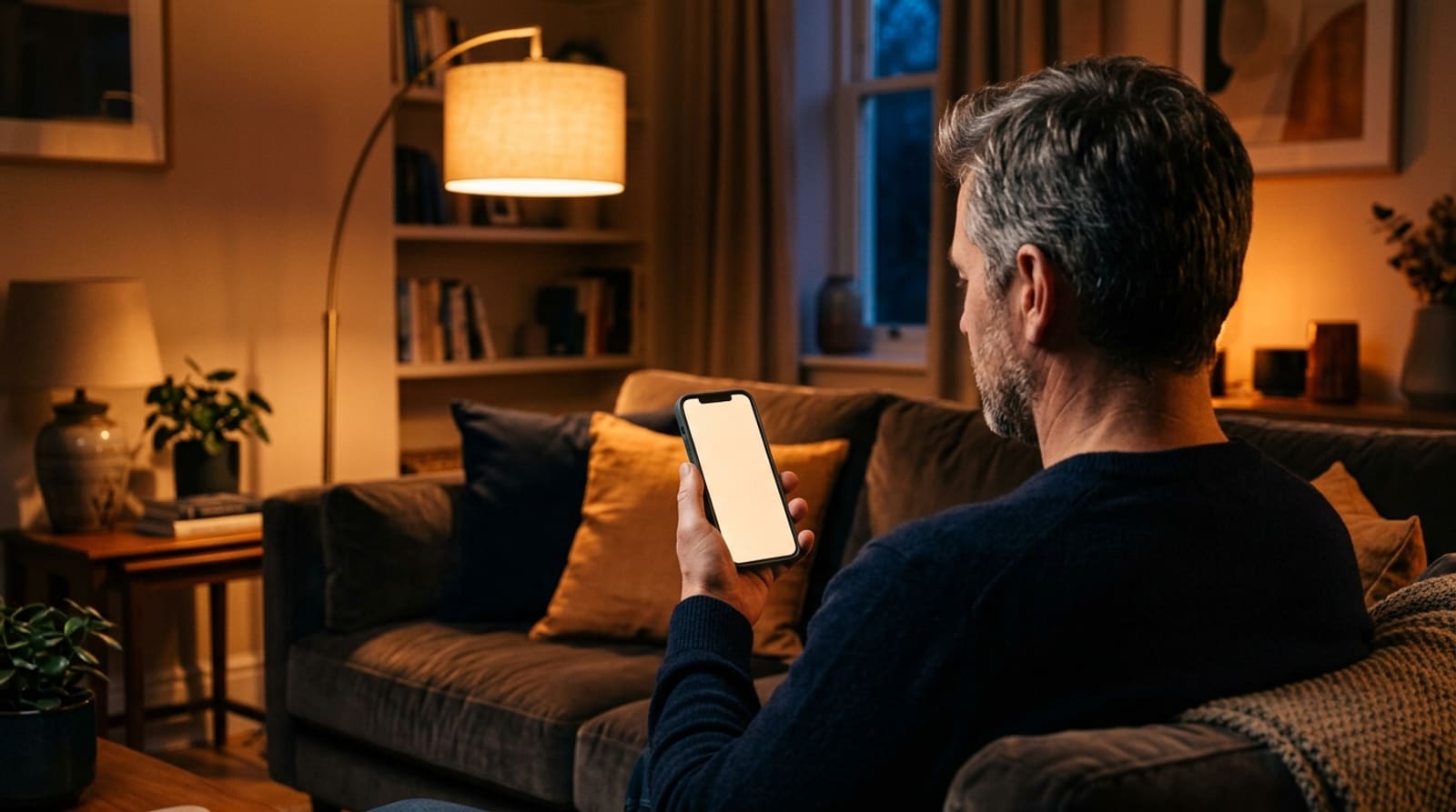 A person on a living-room couch in warm evening light, searching on a smartphone