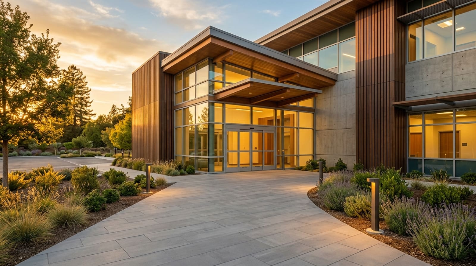 A modern medical clinic entrance at golden hour, warm and welcoming