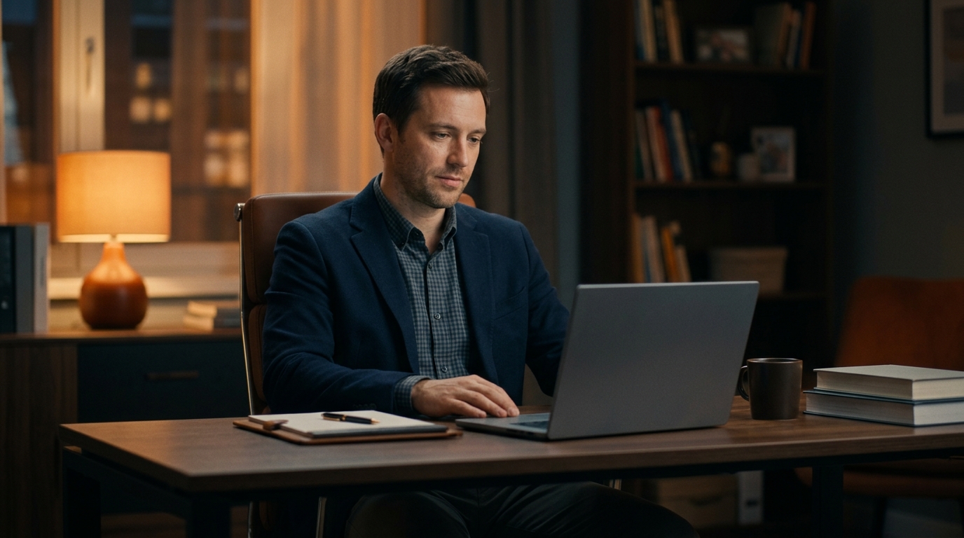 A clinician at a desk in the evening, reviewing a practice website page on a laptop