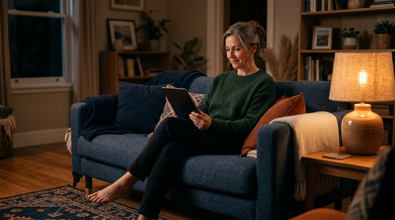 A patient at home in the evening, reading a practice's website on a tablet