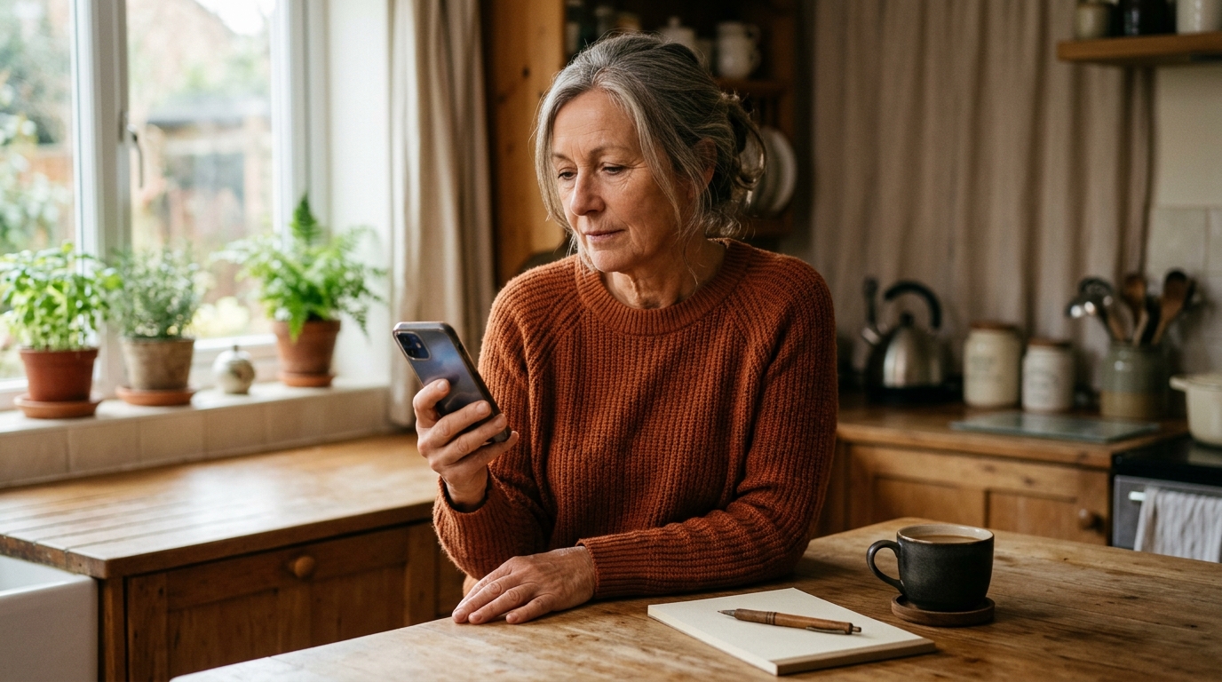 A woman at a kitchen counter reading her phone, with a notepad and a mug of coffee beside her