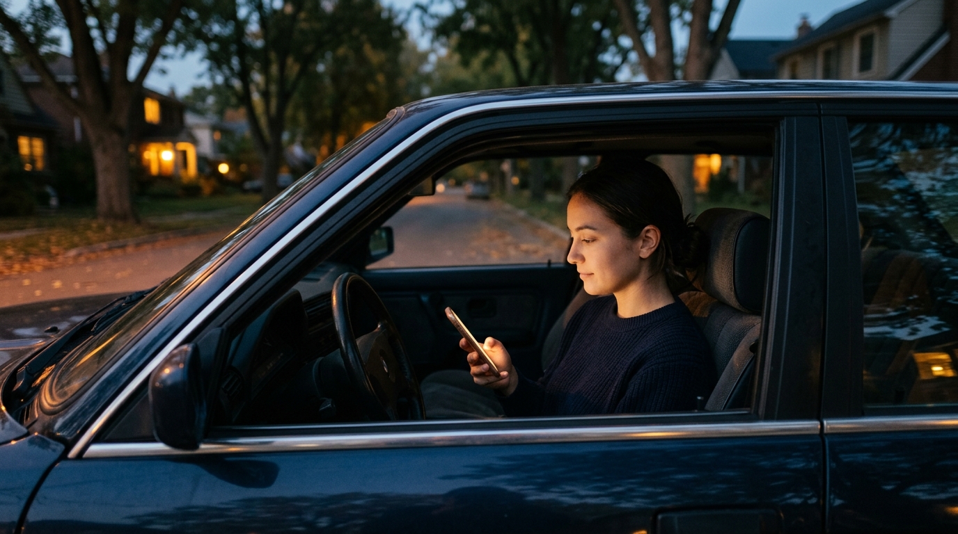 A person in a parked car at dusk, checking a smartphone before an appointment