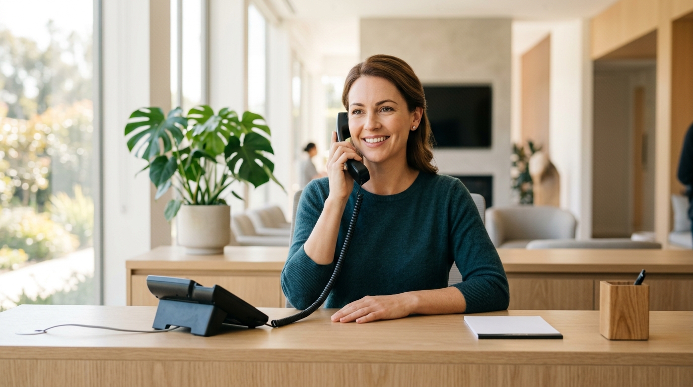 A receptionist at a bright medical front desk, answering the practice phone