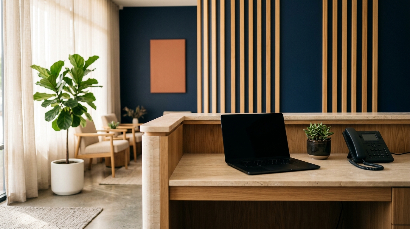 A calm medical practice reception desk in warm morning light, a laptop and phone ready for the day