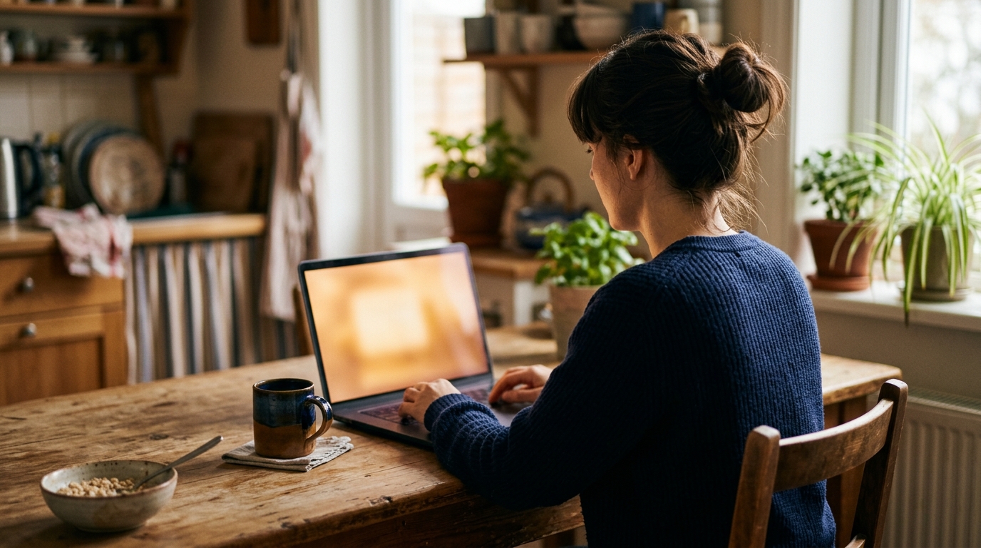A person at a kitchen table in soft morning light, searching on a laptop