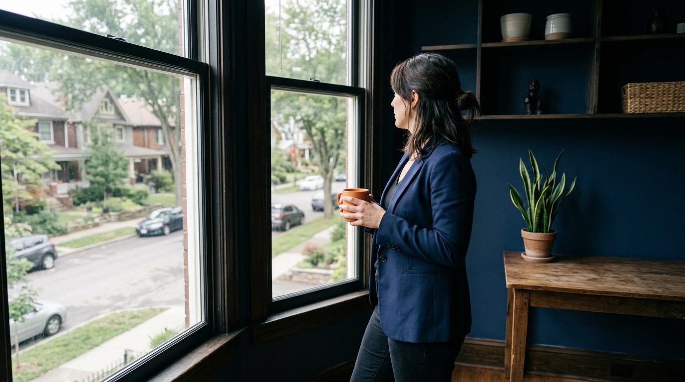 A woman in a navy blazer standing at an office window with a mug, looking out at a residential street