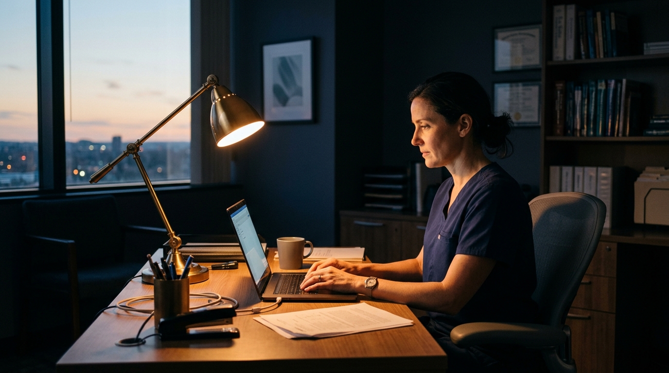 A clinician in scrubs working late at an office desk, lit by a single desk lamp against a darkening window
